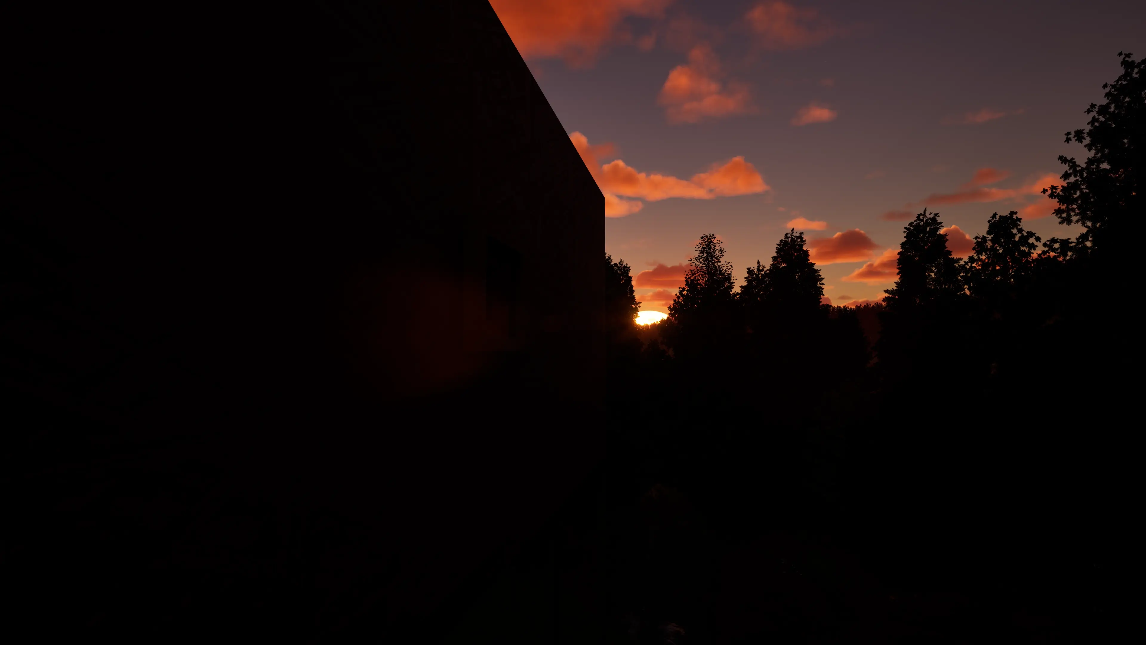 Maison au coucher du soleil — lumière dorée rasante